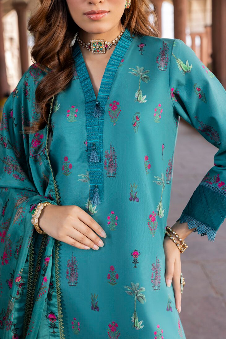 Teal Green Printed Lawn Shirt