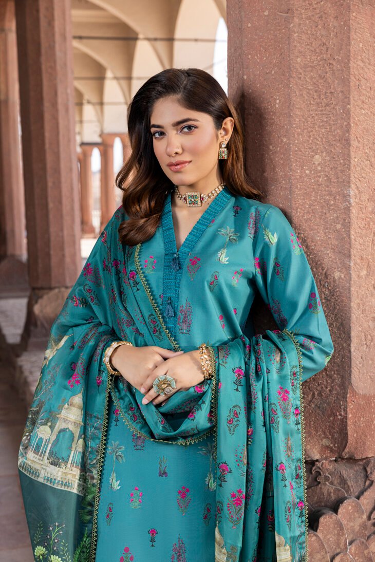 Teal Green Printed Lawn Shirt